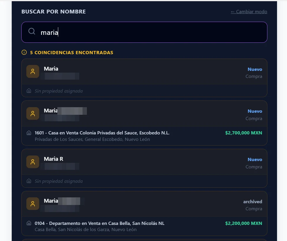 Búsqueda de prospectos en RegiaSys: cada lead registrado con su etapa y la propiedad que le interesa